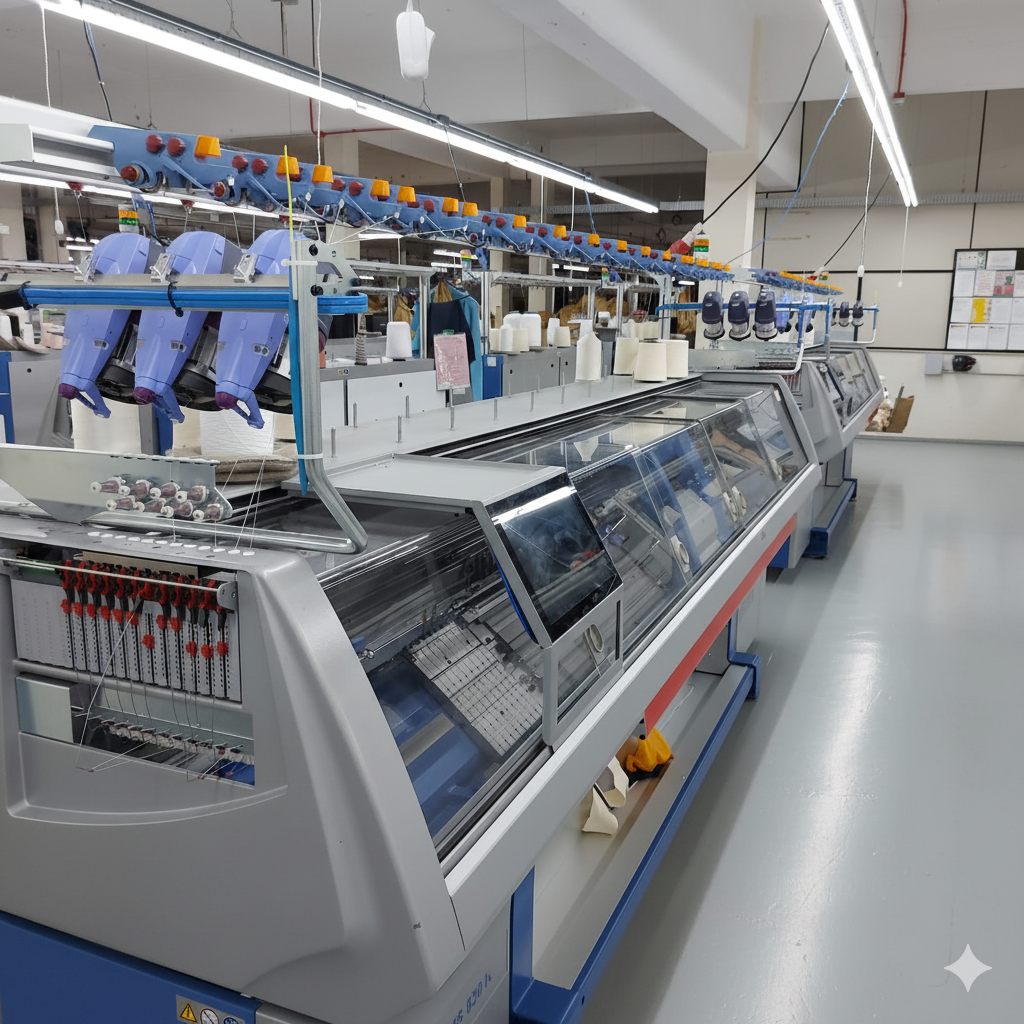 Detalhe de máquinas têxteis industriais com fios e componentes eletrônicos